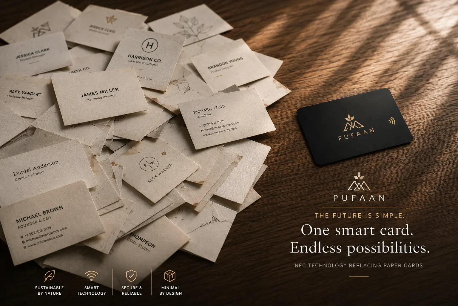 Placeholder for a studio photograph of a Pufaan NFC business card beside a stack of paper cards